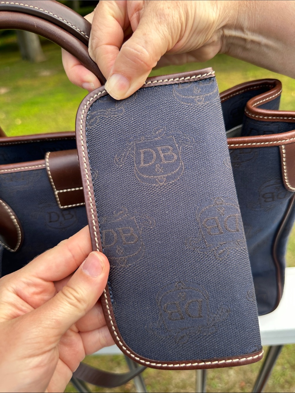 Dooney & Bourke Navy and Brown Monogram Handbag with Matching Pouch - Picture 3 of 16
